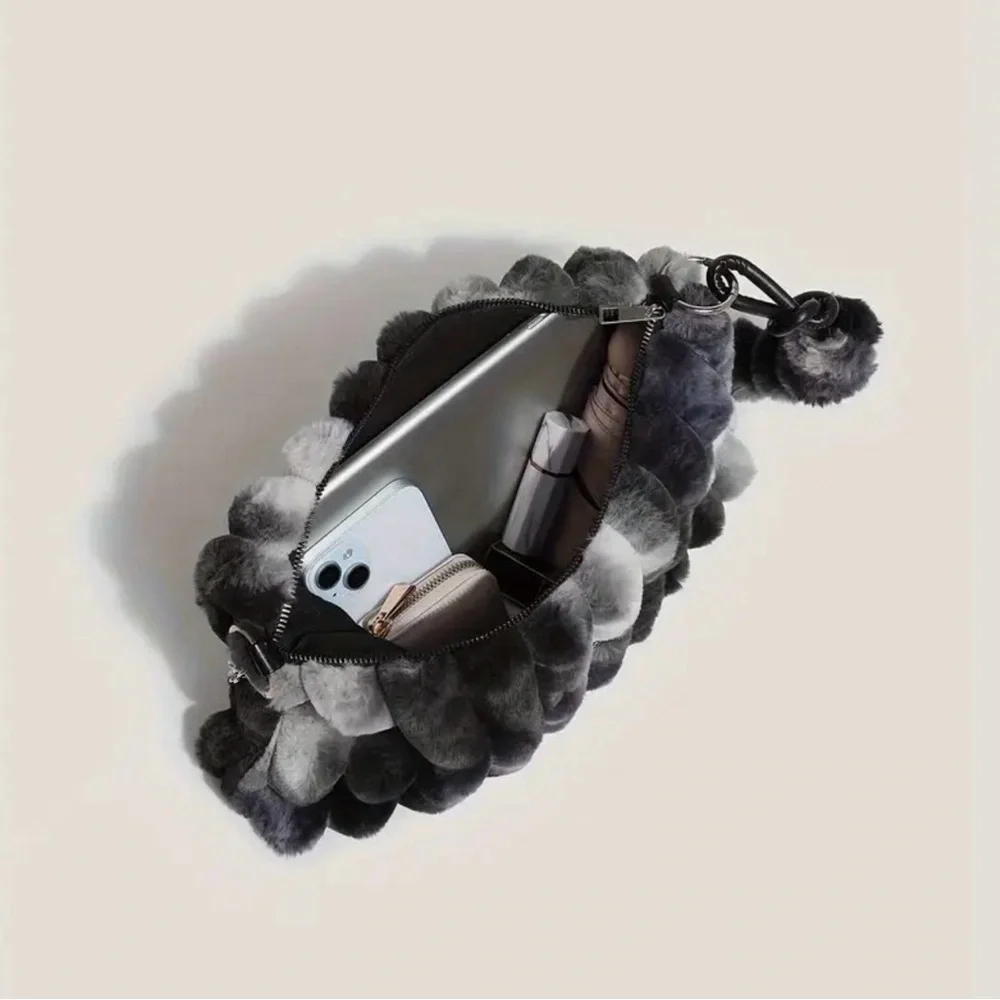 Black Gray Soft Faux Fur Shoulder Bag Purse with PomPom and Chain Straps - Picture 5 of 8